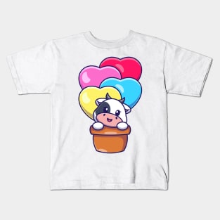 Cute cow flying with love balloon cartoon Kids T-Shirt